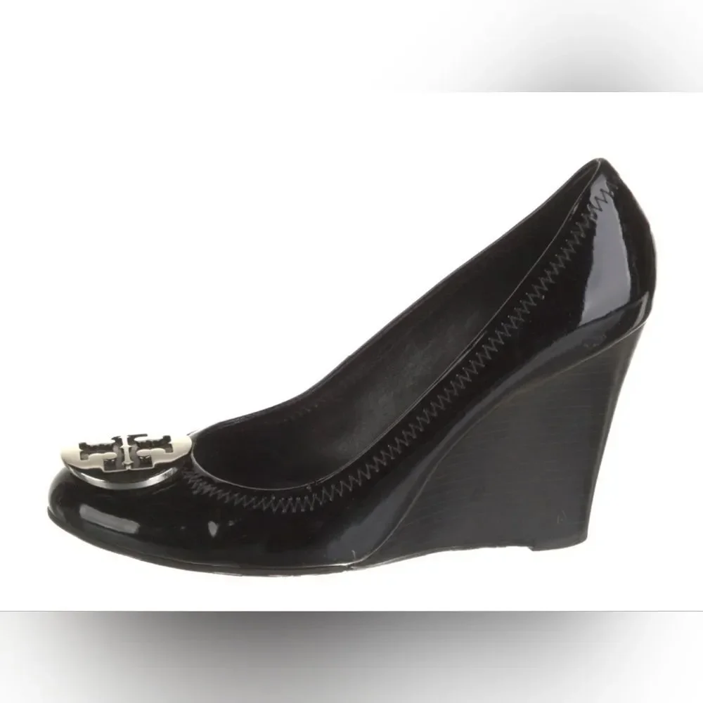 Tory Burch Designer Black Patent Leather Wedge Pumps Heel 8.5